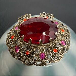 Vintage- WEST GERMANY -  Red Crystal Filigree Brooch